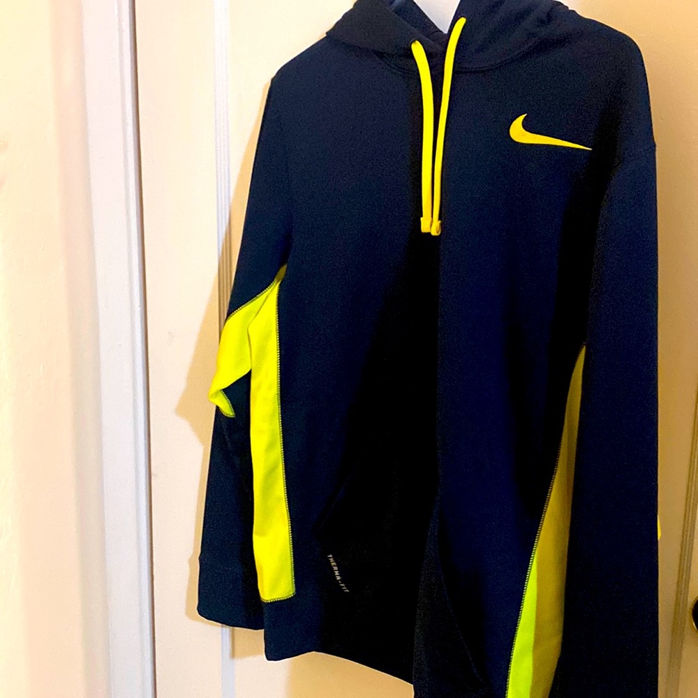 Womens Nike pullover sweatshirt, size small, navy blue and fluorescent yellow